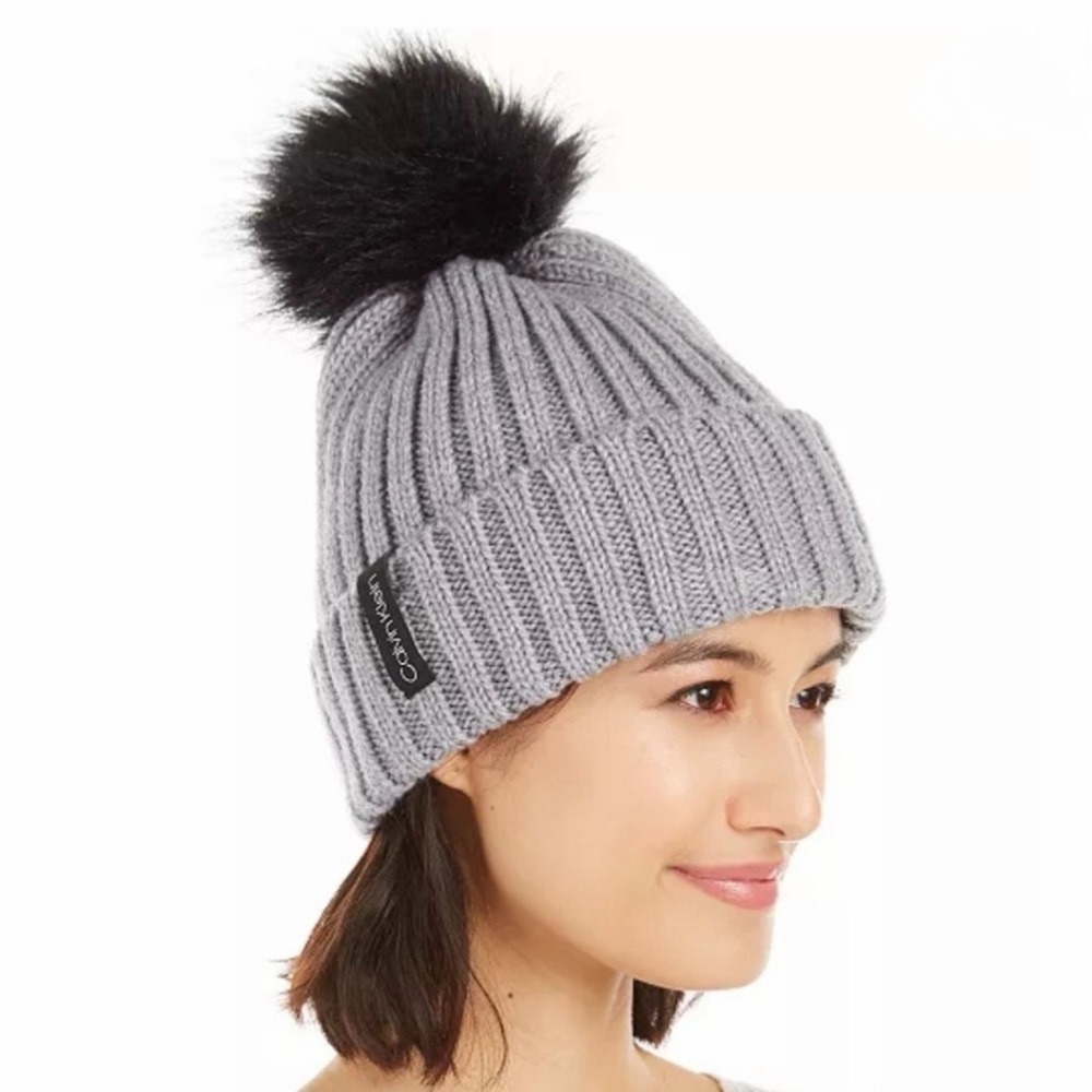 Calvin Klein Heather Gray Beanie with Black Pom